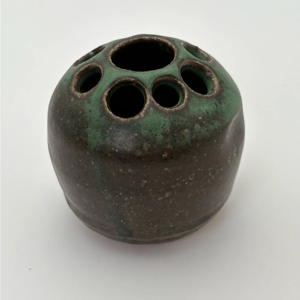 Vintage Signed Handcrafted Pottery Green and Brown Glaze Flower Frog/Vase